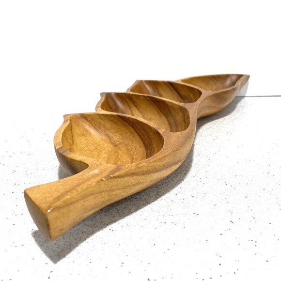 Leilani genuine Monkey Pod Wood hand crafted snack tray 4 section wooden decor - Picture 7 of 9